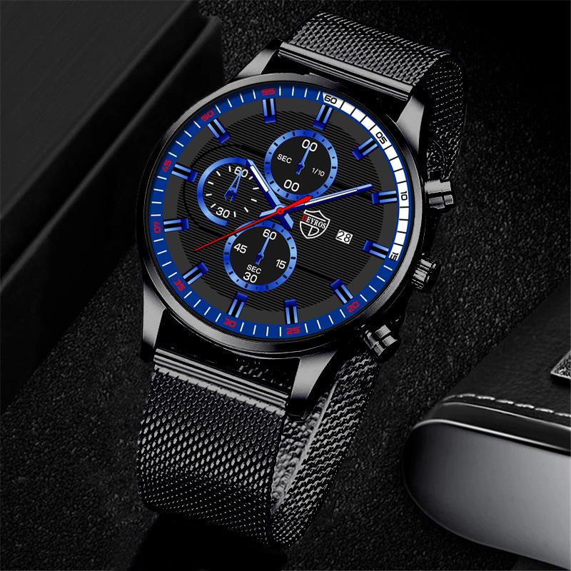 Fashion Men's Casual Watch Man Stainless Steel Mesh Band Wristwatch Mens Calendar Quartz Watches Bracelet Neckalce Set Date Clocki