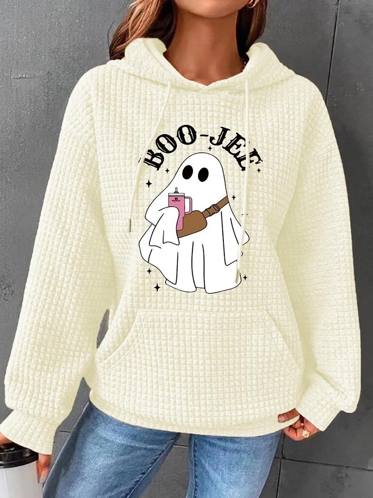 Women's Halloween Waffle Knit Hooded Sweatshirt with Kangaroo Pocket - Autumn/Winter Collection, European Size.