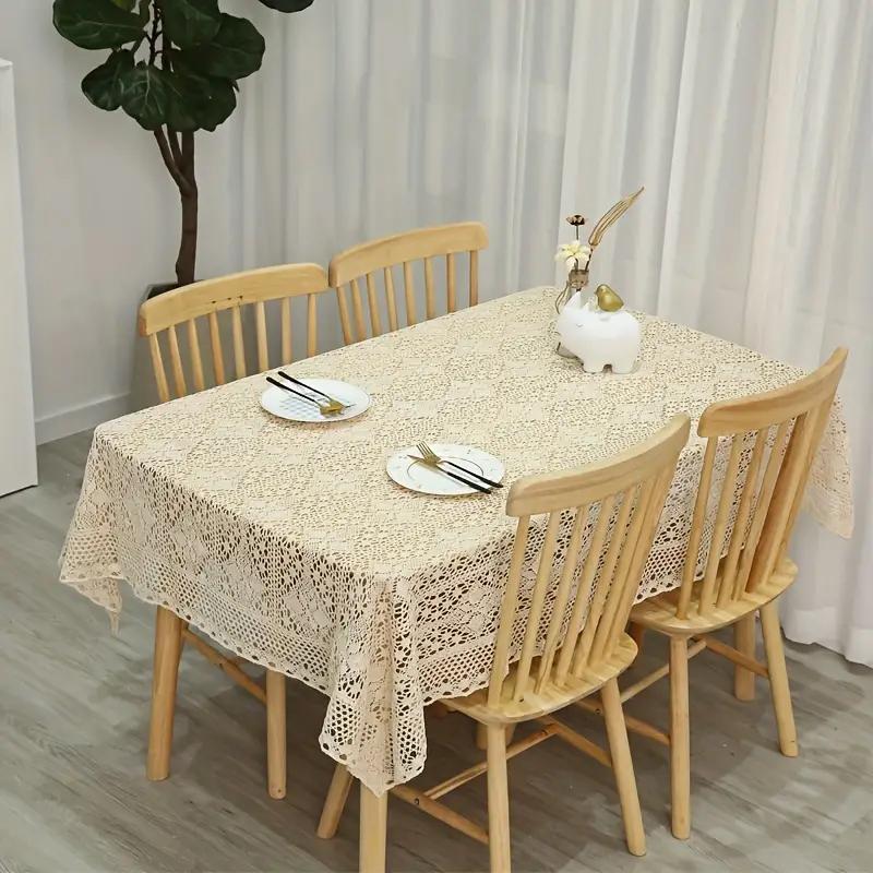 Vintage Crochet Tabletop Set Pastoral Style Lace Tablecloth With Fourleaf Flowers, Suitable For Long Tables And Family Gathering