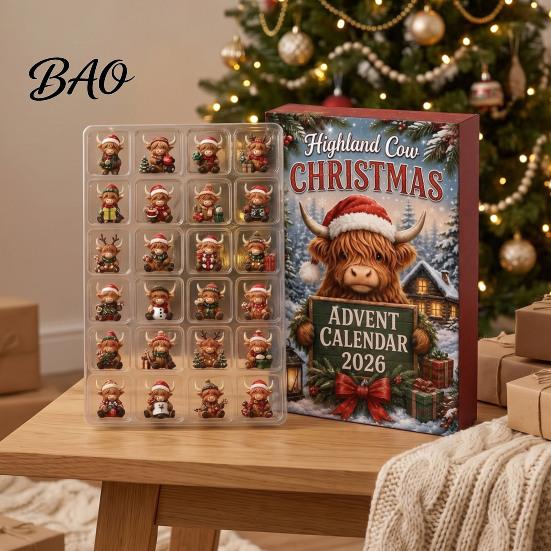 Daily Window Opening Gift 2026 Highland Cow Christmas Advent Calendar, 24-Day Acrylic Countdown Ornament Set with Travel Companion Play Mini Figures,