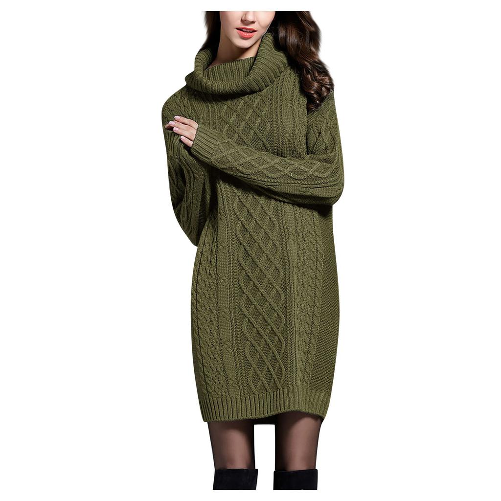 Women's Fashion Autumn/winter Solid Color High Collar Long Sleeve Wrap Hip Sweater Dress