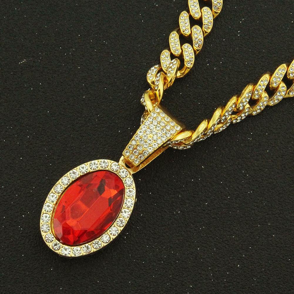 Ruby Oval Pendant, Large Buckle Cuban Chain Necklace, Men's Hip-hop Hip-hop Jewelry.