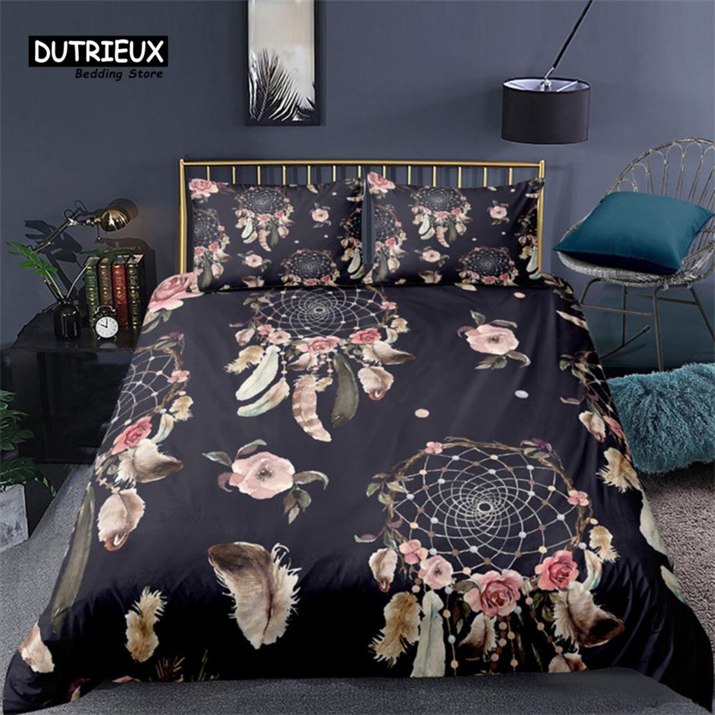 Housse de Couette Bohème Attrape-Rêves Imprimé Géométrique Plumes Ensemble de Literie Taille King Queen Décor de Chambre Housse de Couette en Microfibre