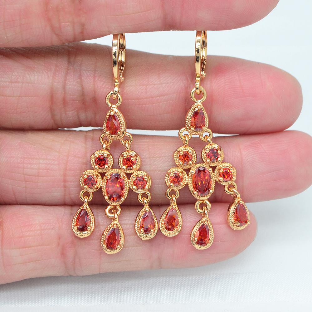 Fashion Jewelry Gold Color Red CZ Zircon Palace Chandelier Wedding Earrings for Women красный
