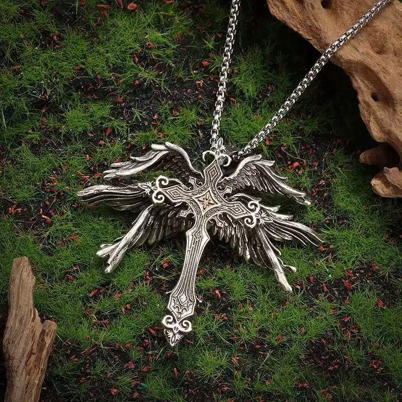Retro Six-Winged Angel Cross Pendant Necklace: Trendy, Versatile European & American Jewelry