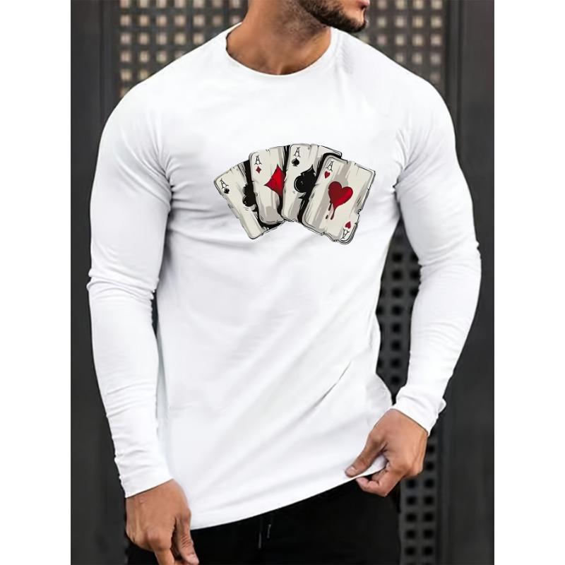 Men's 100% Pure Cotton Loose and Comfortable Casual Sports Poker Card Pattern Printed Round Neck Long Sleeved T-shirt Top