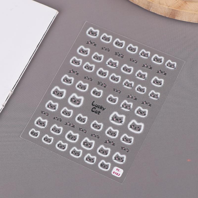 1/5Pcs White Halo Dyeing Cat Face Stickers DIY Nail Art Decoration Embossed Relief Nail Art Decals Accessories