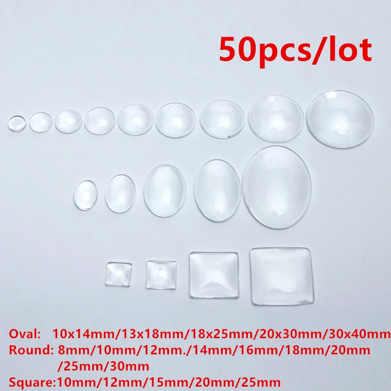 50 Stück 8-30mm Runde/Ovale/Quadratische Flache Rückseite Klarer Glas Cabochon Transparenter Glas Cameo Cabochon für DIY Modeschmuck Großhandel