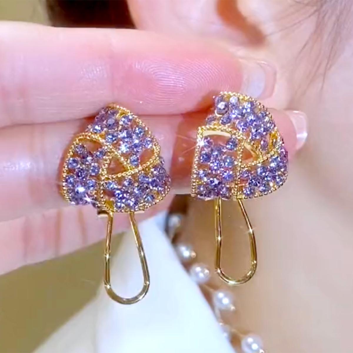 Purple Diamond Geometric Triangle Clip-on Earrings for Women - Unique High-End Jewelry