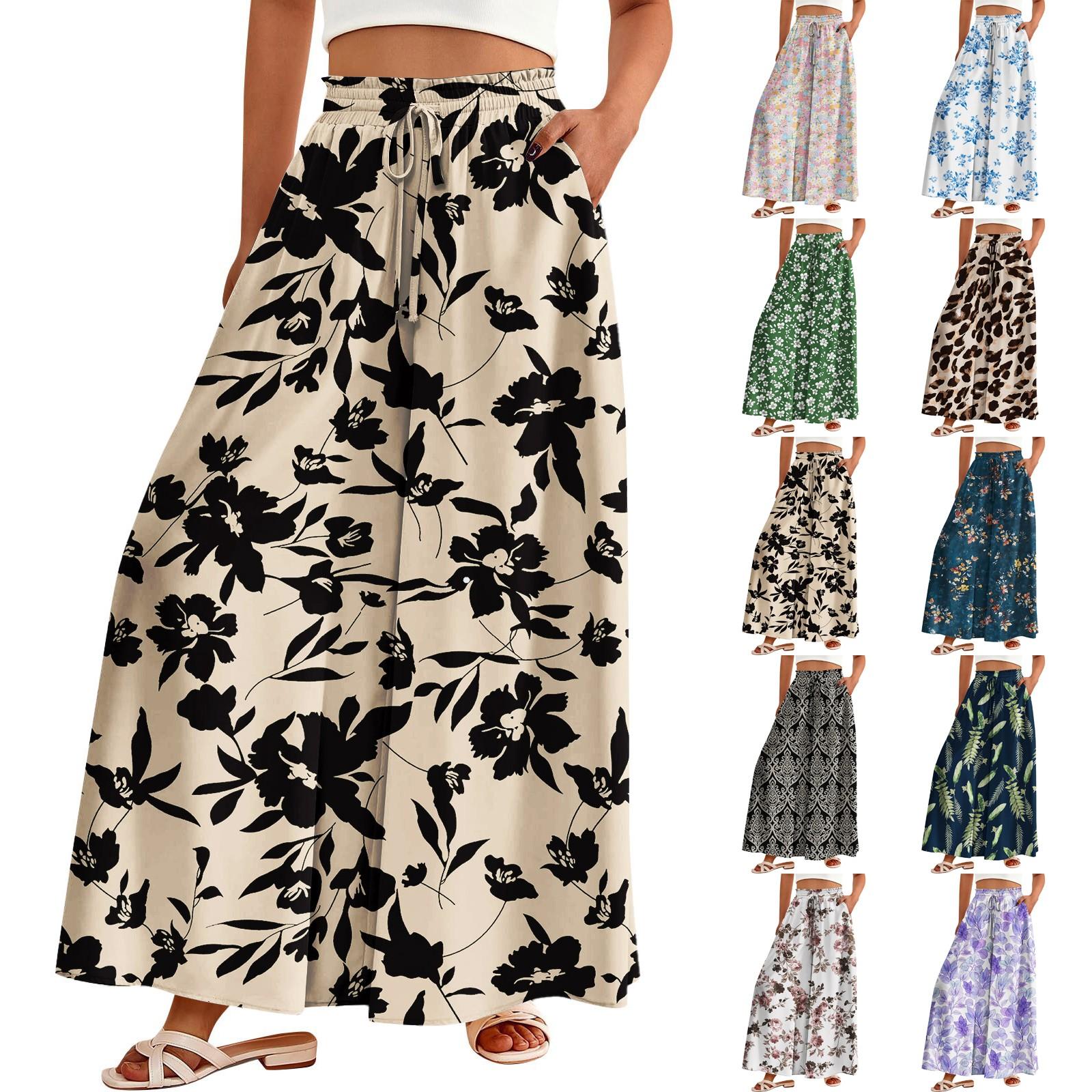 

Women s Palazzo Pants Boho Floral Wide Leg Trousers Summer Beach High Waisted Flowy Pants With Pockets XL фіолетовий