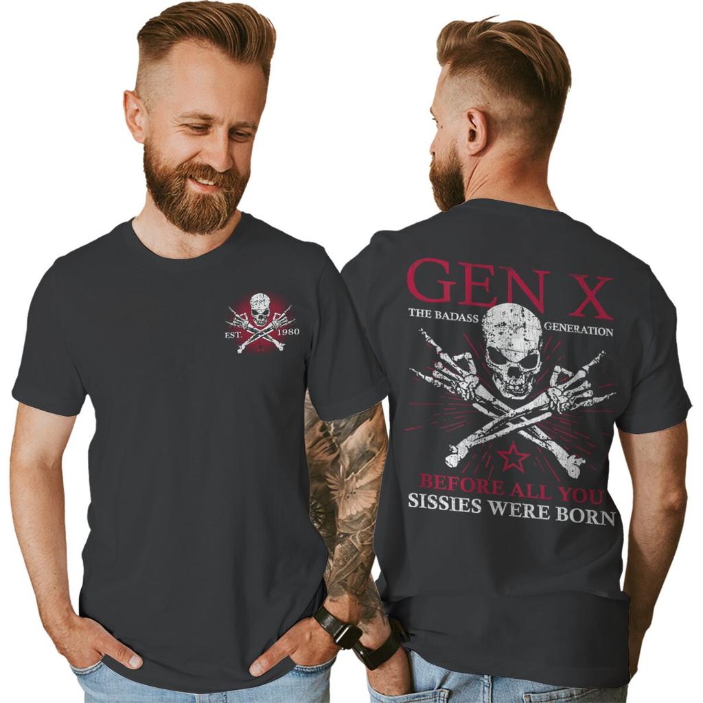 Est 1980 Lustiges Generation X Shirt Unisex Unisex Kurzarm Vintage Gen X Die Badass Generation Aufgewachsen von Totenköpfen Streetwear