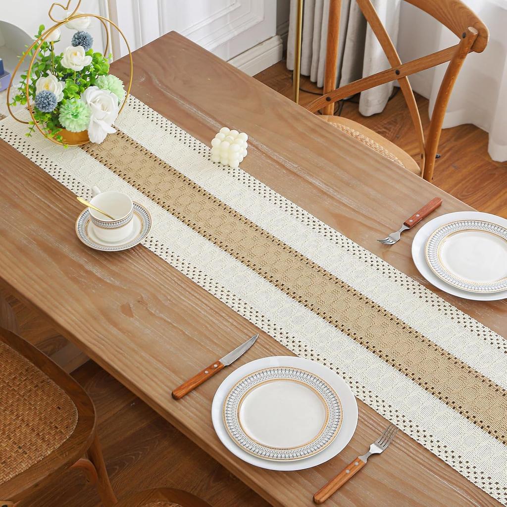 Boho Farmhouse Linen Table Runner with Tassels–Rustic Macrame Burlap Cotton Blend for Summer Home Decor and Holiday Events
