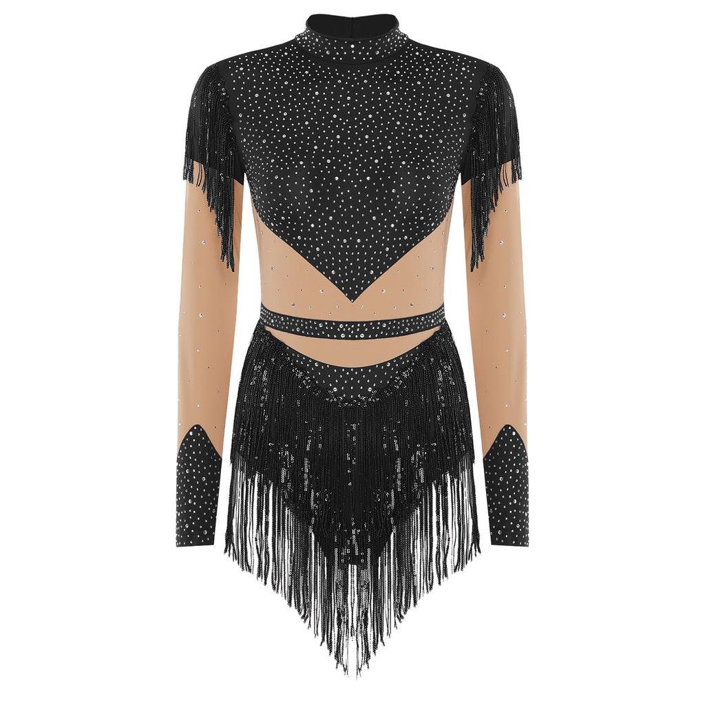 Maillot de patinage artistique pour femme à manches longues, body à paillettes et franges, entrejambe ouvrable, fermeture éclair dans le dos, combinaison de couleur contrastante avec strass