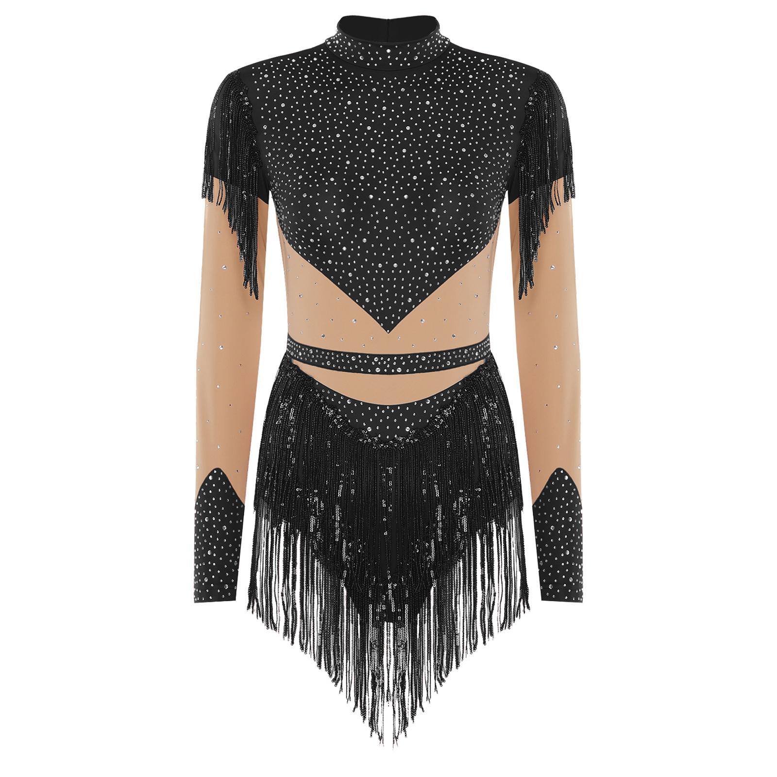 

Жіночий боді з стразами, паєтками та бахромою, з довгим рукавом, з розстібкою внизу, на блискавці ззаду, контрастного кольору, леотард, костюм для латинських танців S чорний