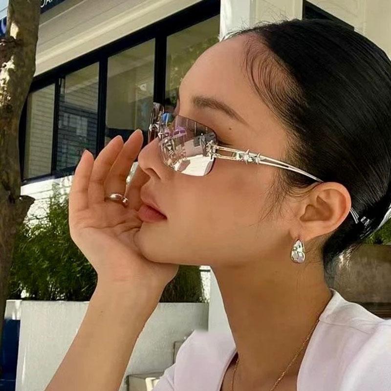 Y2K Vintage Square Bow Sunglasses Women Luxury Brand Rimless Punk Hip Hop Rivet Star Pink Shades