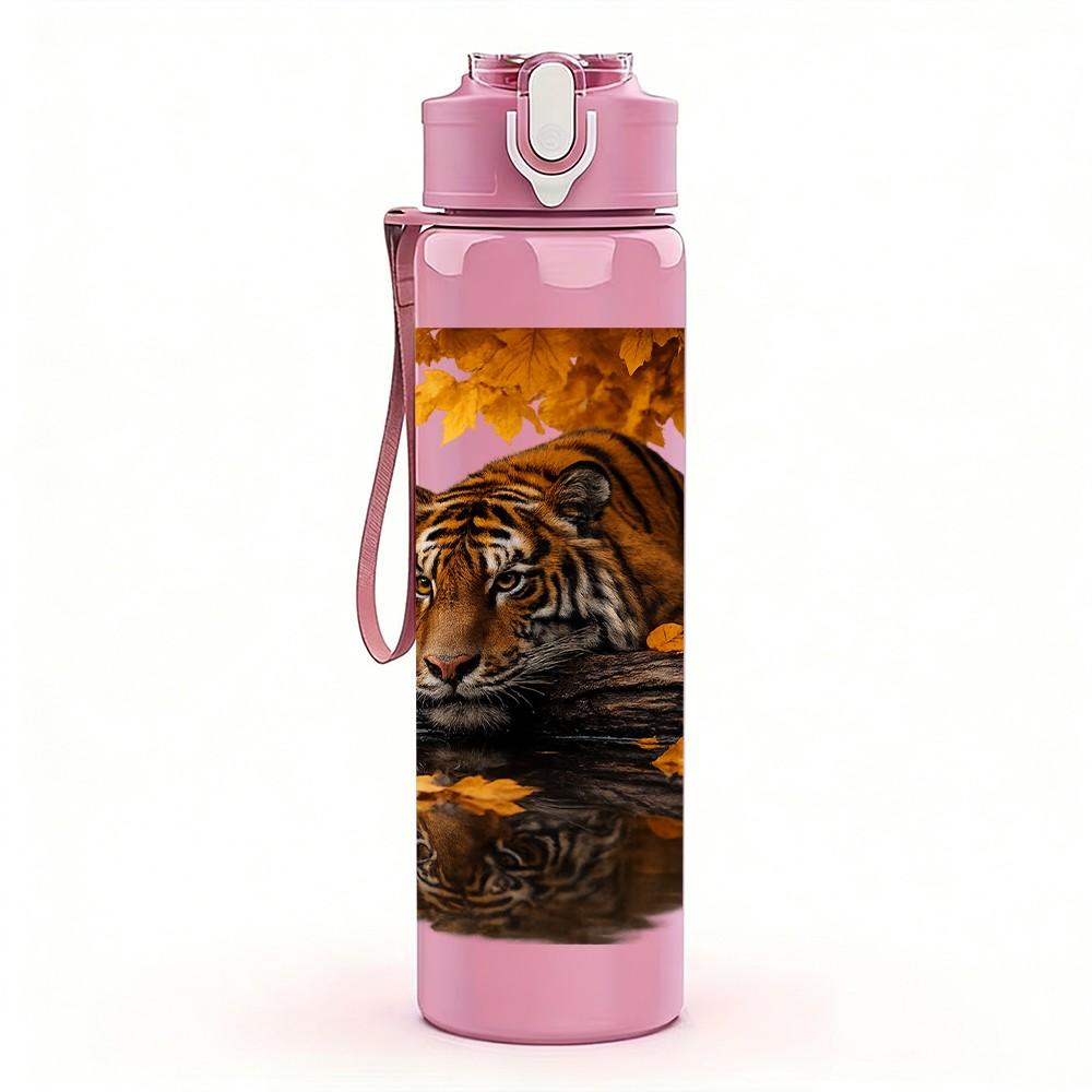 1PC Tiger On Golden Lake Sunset Scene Print 750ml Color Plastic Sports Water Bottle Leakproof Flip Straw Lid Suitable for Sports Office Home Use