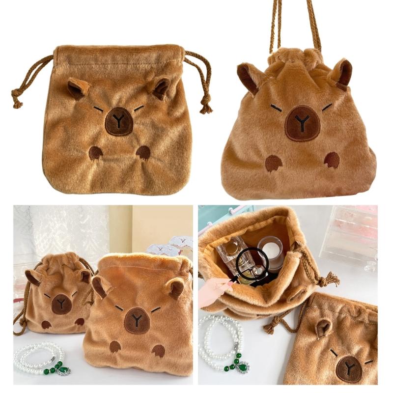 Unique Capybara Plush Cosmetic Pouch Large Capacity Drawstring Storage Bag Festival Gift Bags for Travel and Daily Use