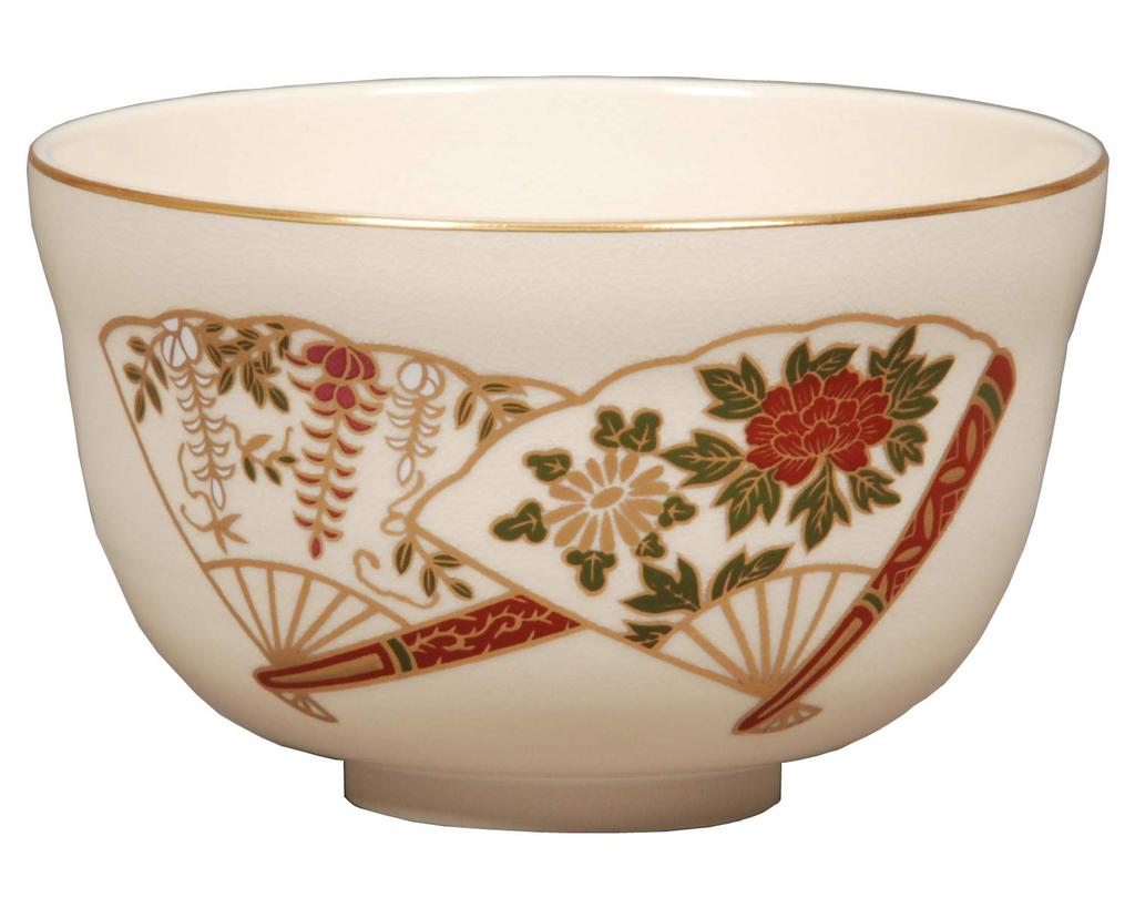 Miyachi Eikou Matcha Bowl, White, Size: Diameter 12.4cm x Height 7.8cm, Ninsei Style, Fan-Shaped, Paper Box