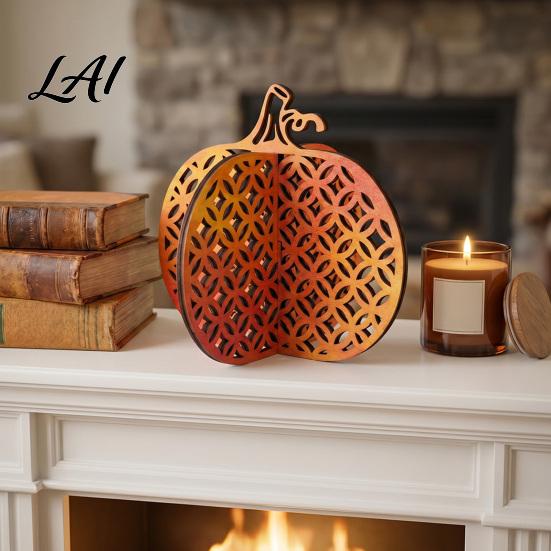 Thanksgiving Seasonal Tabletop Decor Wooden Pumpkin Decor Vintage Striped Hollow Carved Ornament Autumn Housewarming Gifts for Home Party,