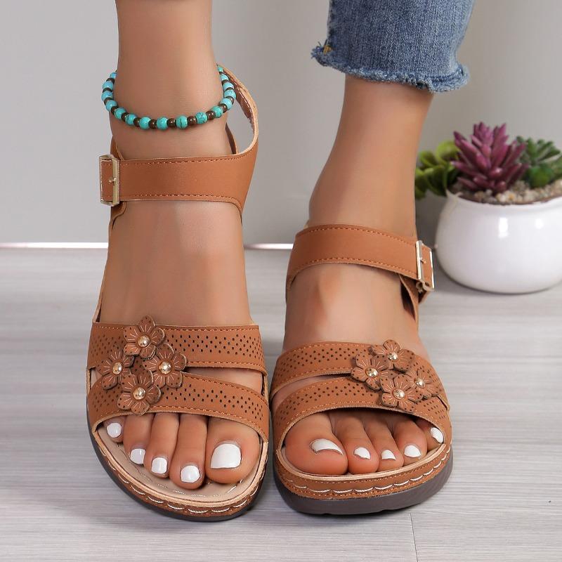 Flower retro large size wedge with women's sandals word decoration new women's shoes summer