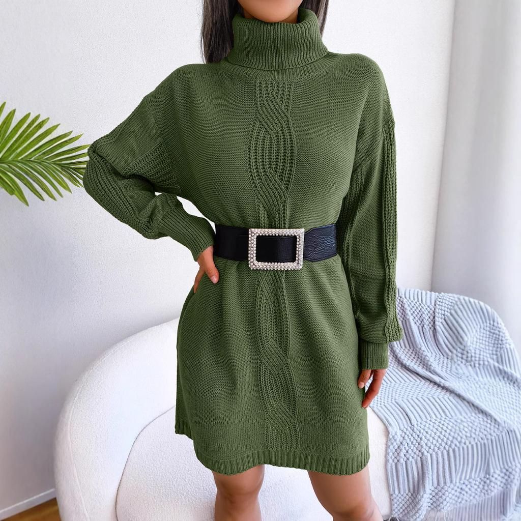 Autumn Winter Womens Casual Turtleneck Lantern Sleeve Knit Dress No Belt