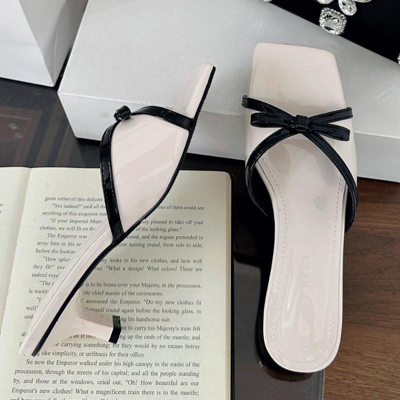 

Fashion High Quality Patent Leather Square Toe Bow Design Slippers Women Fashion Open Toe Thin Heel Slide Sandals Summer Elegant Sandals 35 белый