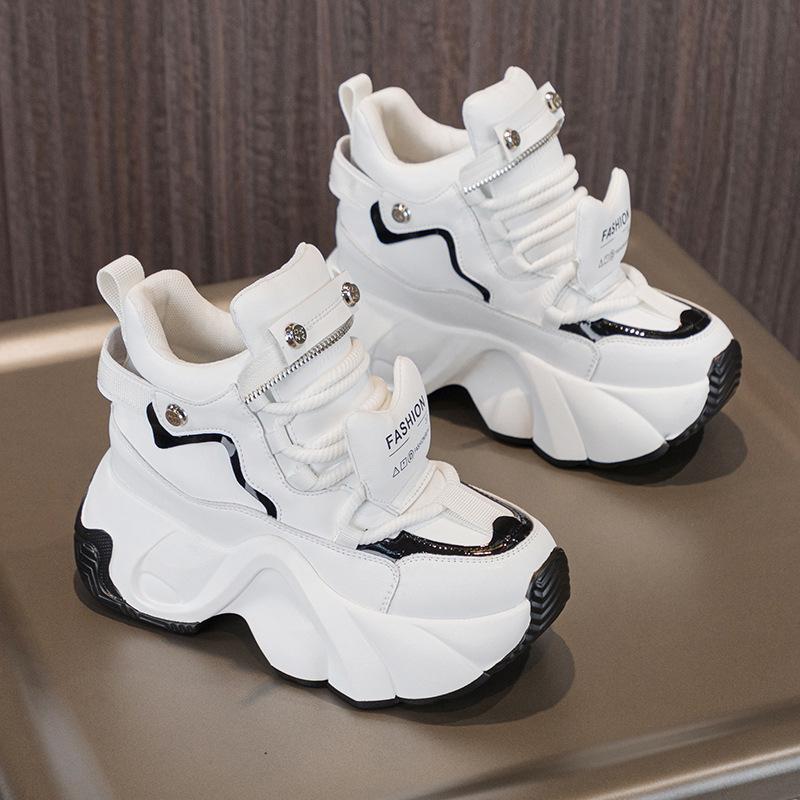 Womens White Black High Top Platform Chunky Sneakers Hidden Heel Lift Zipper Detail Casual Dad Shoes For Daily Wear New Autumn