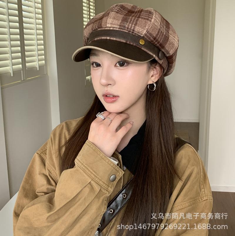 British Retro Literary and Artistic Plaid Newsboy Hat Women's Autumn and Winter Casual Versatile Octagonal Hat Fashion Show Face Small Painter Hat