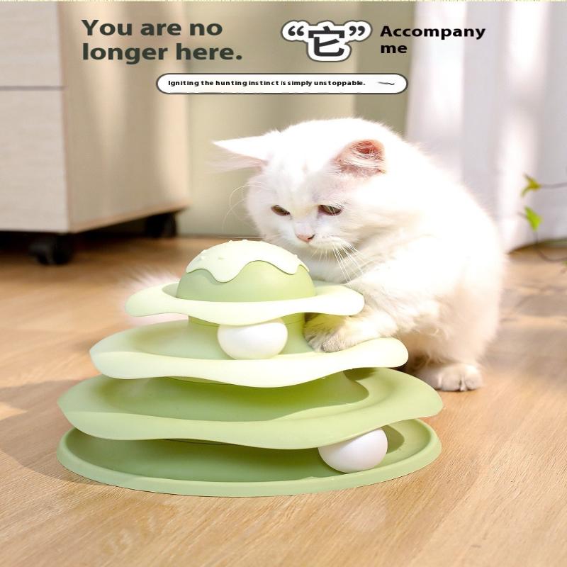 3-stöckiger Katzenspielturm Drehteller Rollkugelspielzeug Interaktives Intelligenz-Trainingsbahn Puzzle Lustige Spiele Zubehör