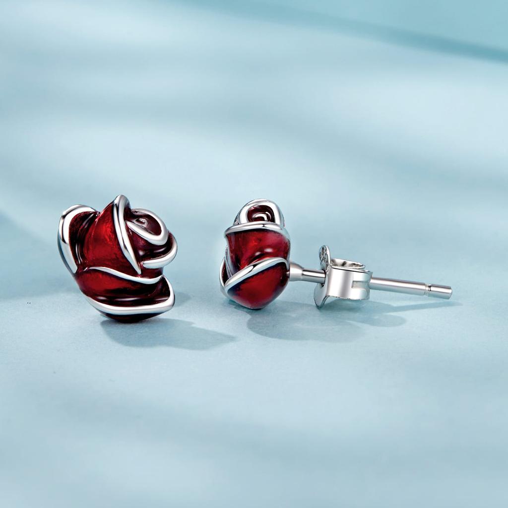 Silver Earrings Red Roses Studs Silver 925