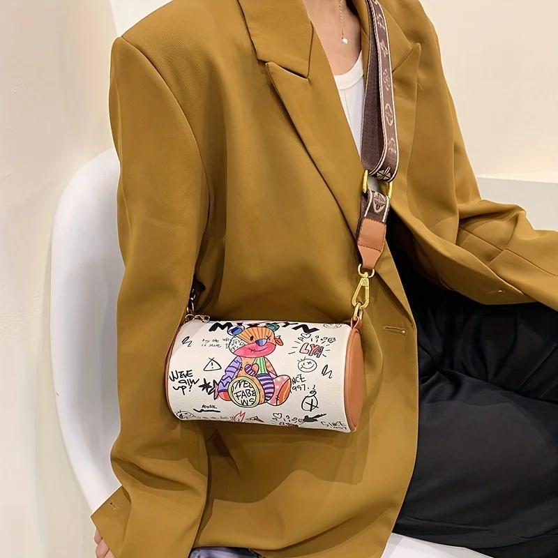 Graffiti Style Boston Bag, Cute Cartoon Cylinder Purse, Women'S Small Crossbody Bag