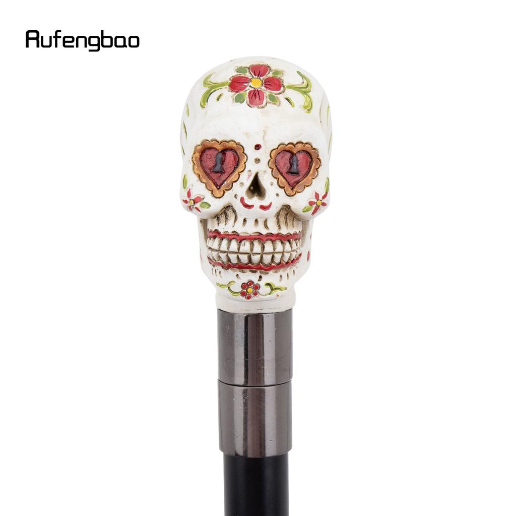 White Resin Red Flower Skull Head Walking Cane Fashion Decorative Steel Stick Gentleman Elegant Cosplay Cane Knob Crosier 94cm