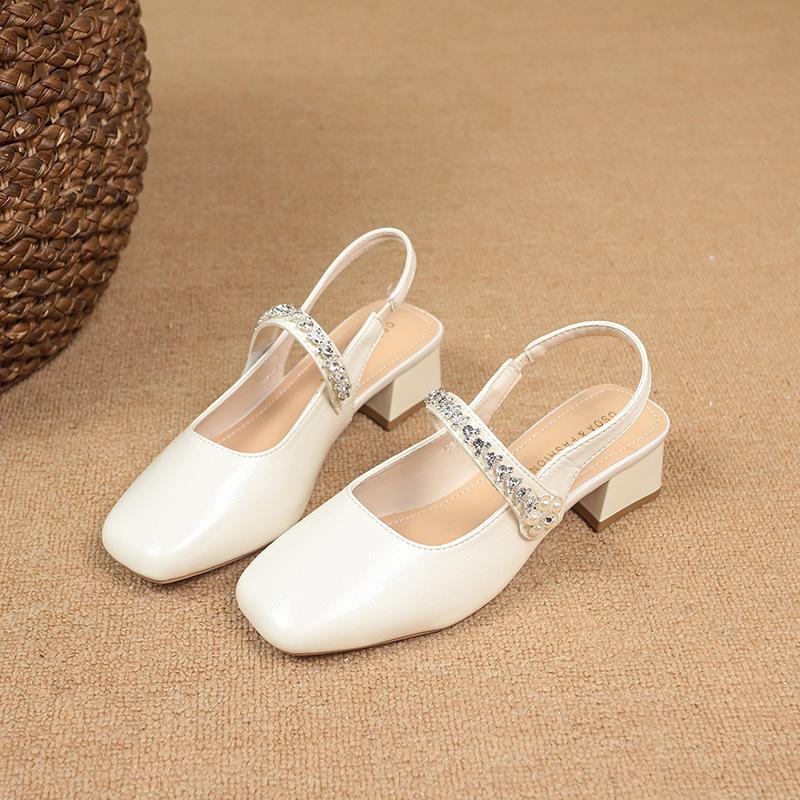Thick heel Mary Jane bag head sandals female 2025 summer new fairy wind water diamond word with square head light mouth sandals