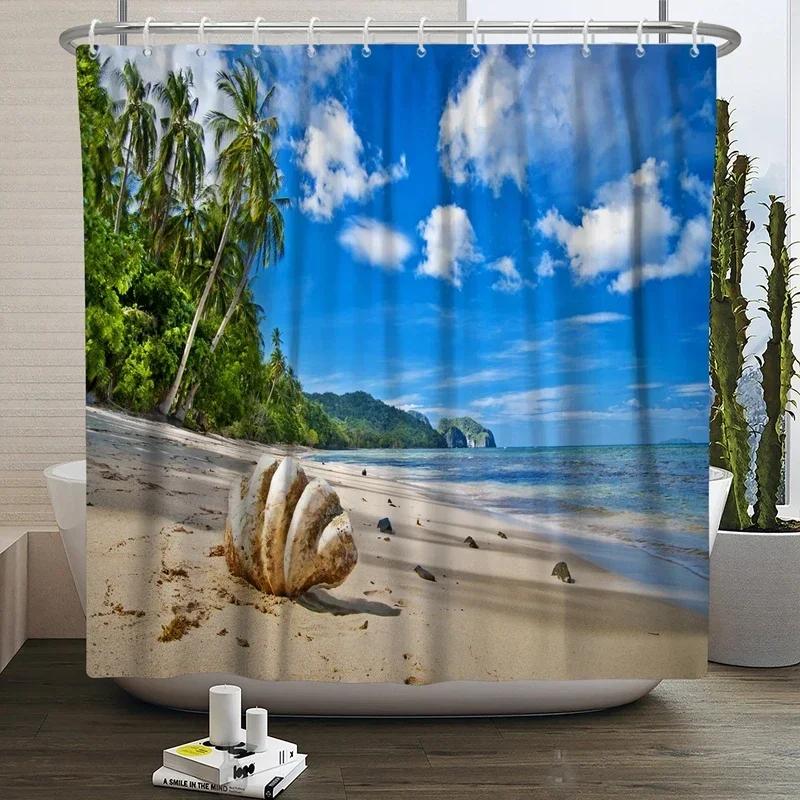 Summer Seaside Shower Curtains Ocean Beach View Coconut Trees Bath Curtain Polyester Fabric Bathroom Restroom Decor With Hooks