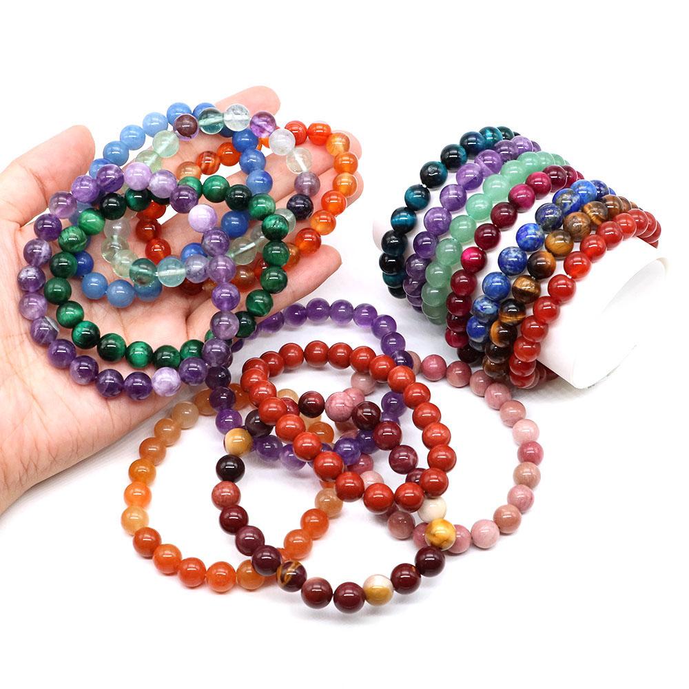 Natural Stone Bracelet Healing Crystal Amethyst Quartz Agate Round Loose Bead Elastic Stretch Bangle For Women Men Jewelry Gifts