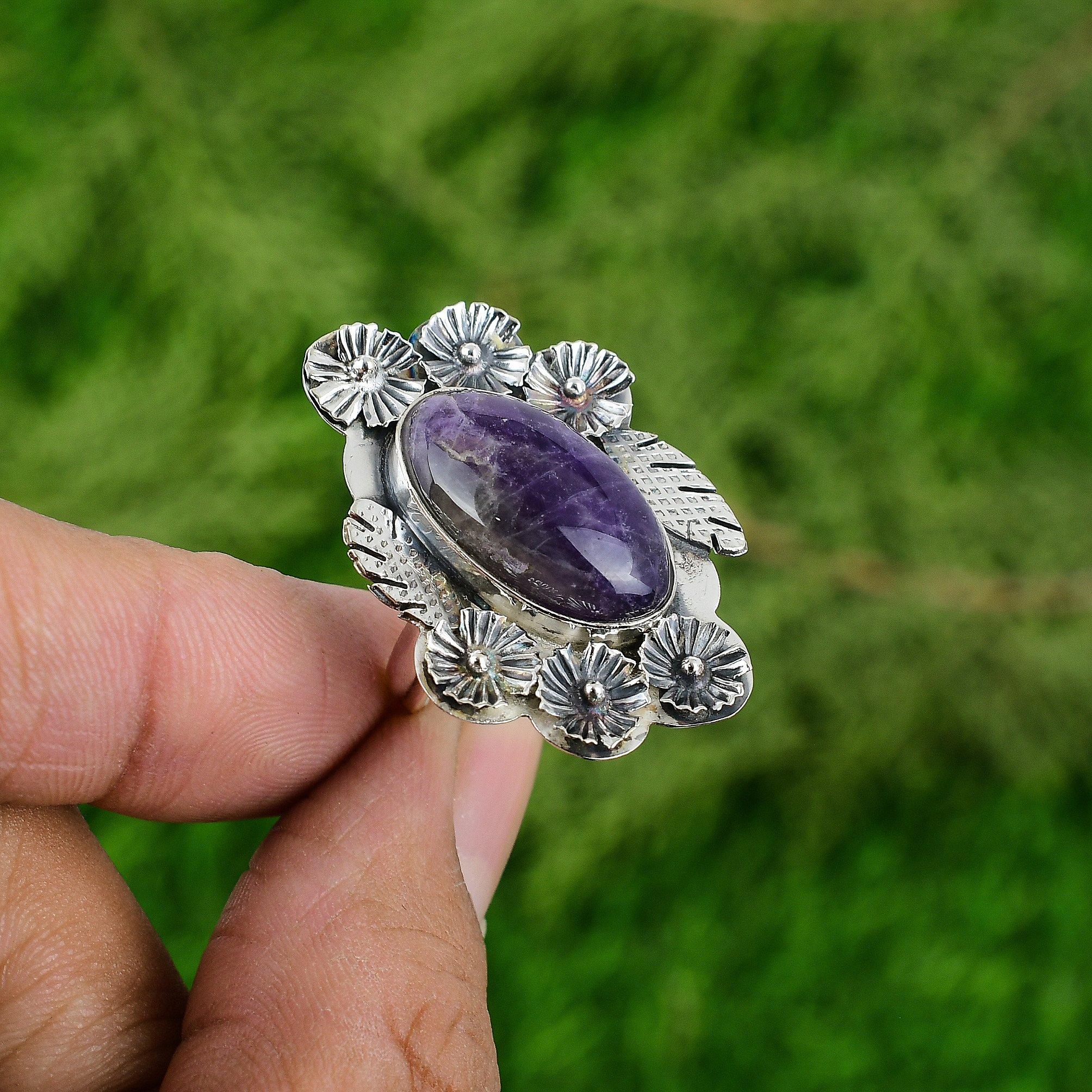 

Серебро 925 пробы Натуральный шевронный аметист Штабелируемое кольцо-цветок с регулируемым размером Adjustable