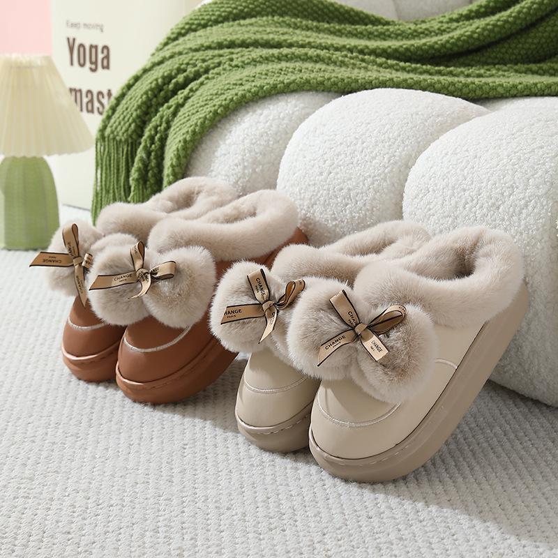 Waterproof Leather Bow Fur Women's Slippers - Thick, Cute, Relaxing Cotton Indoor/Outdoor Shoes