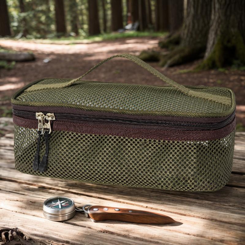 Camping Cooking Utensils Bag Portable Cookware Pouch For Outdoor Large Mesh Portable Camp Utensil Bag For Picnic Barbecue