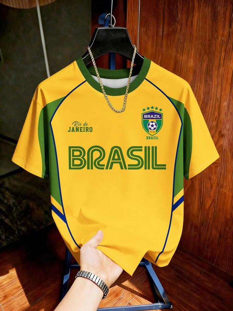 Brazil Football T-Shirt Soccer Jersey Stripe & Retro Print Breathable Quick Dry Training Short Sleeved Tops Tees Chic Clothes
