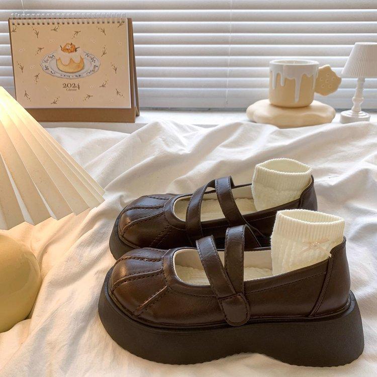 

Туфли Мэри Джейн с круглой головкой и толстой подошвой на липучке, новая серия, осень 2024 года, универсальные, увеличивающие рост, маленькие кожаные туфли для женщин 40