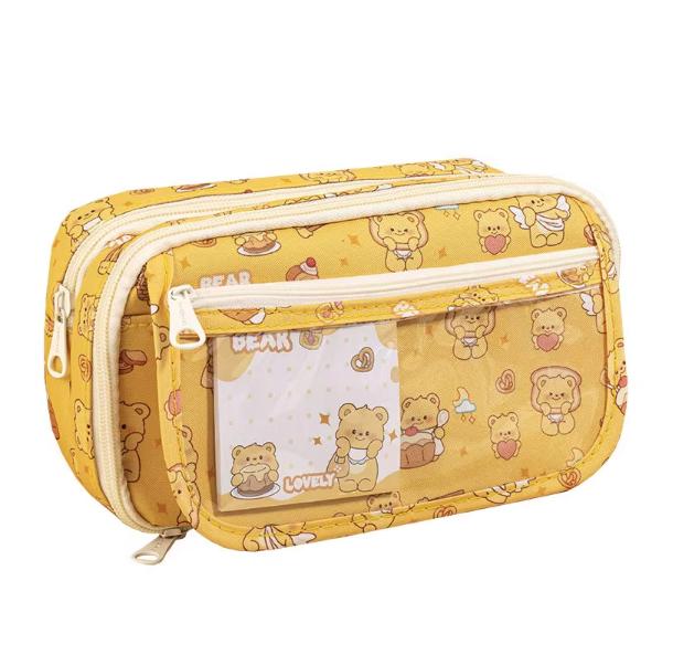 Large Capacity Multi-Layer Leather Pen Bag for Students Cute Bear Bakery Design New Girls Primary School Bag Oxford Pencil