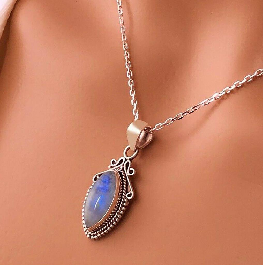 New Marquise MOONSTONE 925 Sterling Silver Gemstone Necklace Pendant Gift Boxed