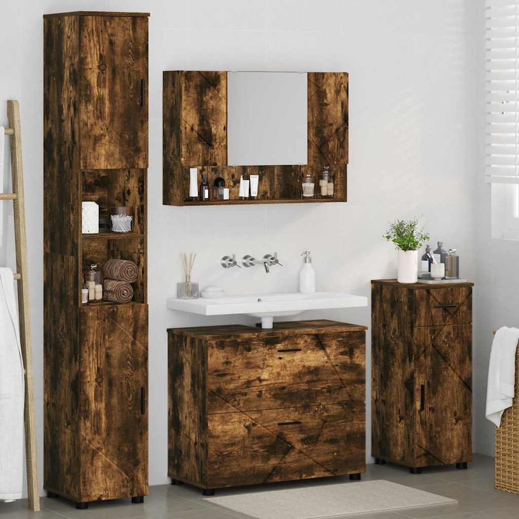 Bathroom Furniture Set 4 Pieces Smoked Oak Plywood and Metal