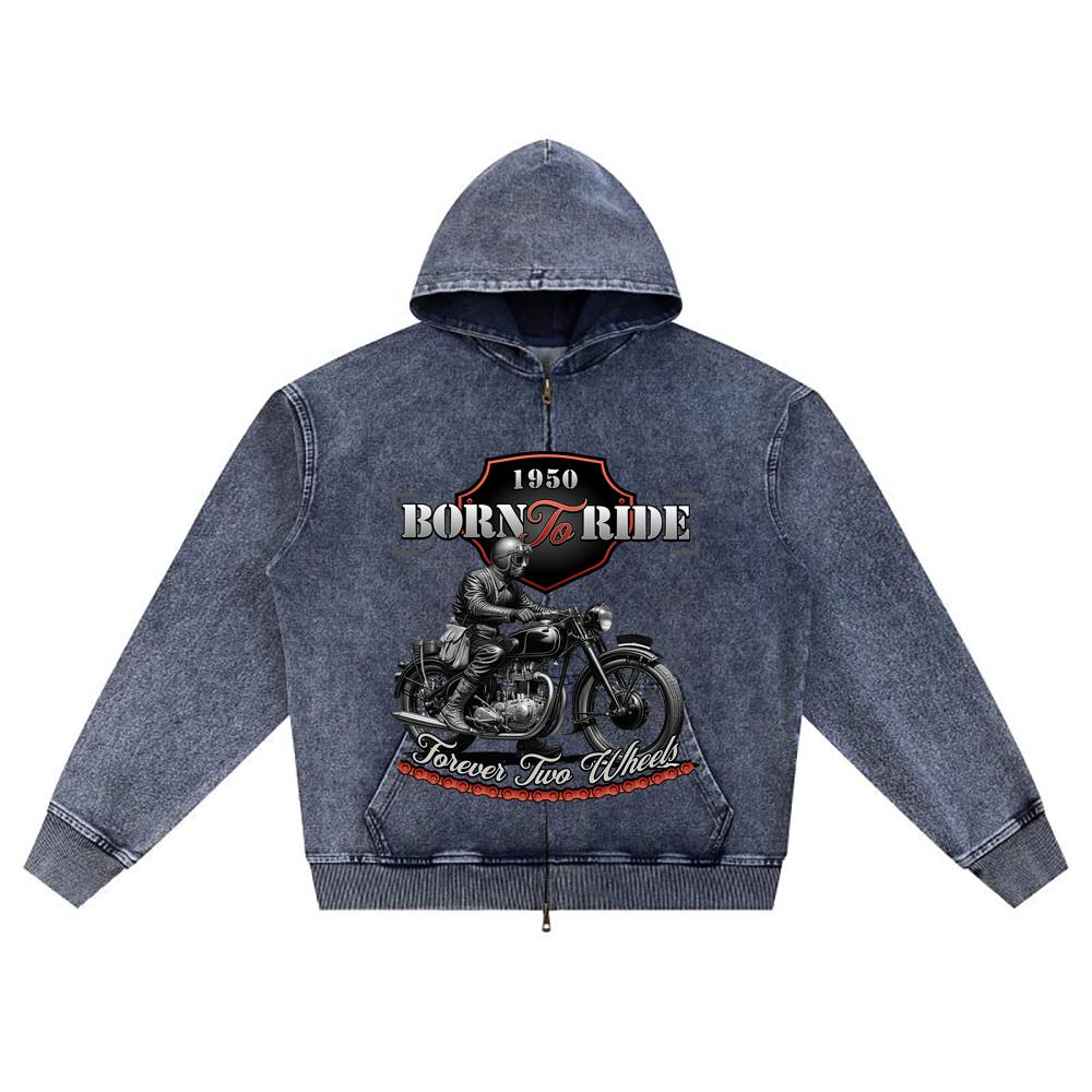 DTG Print Knitted Denim Zip-Up Hoodie Born To Ride Brother Print Zipper Hoodies