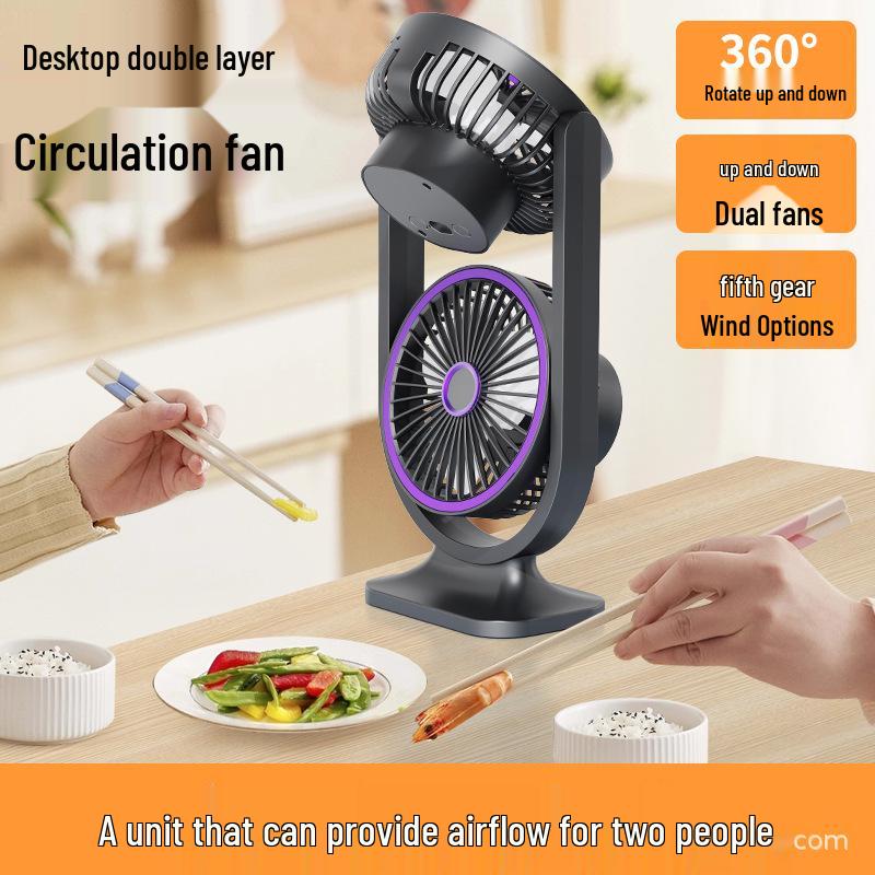 Dual-Head Electric USB Rechargeable Desktop Fan for Indoor and Outdoor Use Long Battery Life Version
