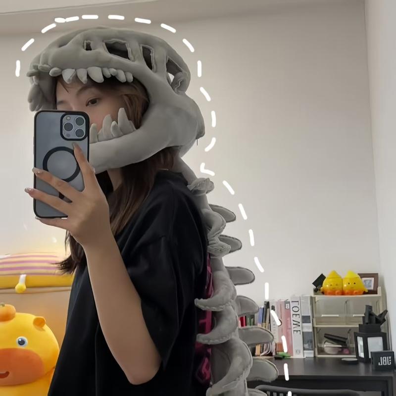 Dinosaurierskelett Plüschpuppe Stofftier Kopfbedeckung Exoskelettpuppe Kinder Plüschspielzeug Mütze Geschenk Cosplay Requisiten Gruselige Feiertagskostüm