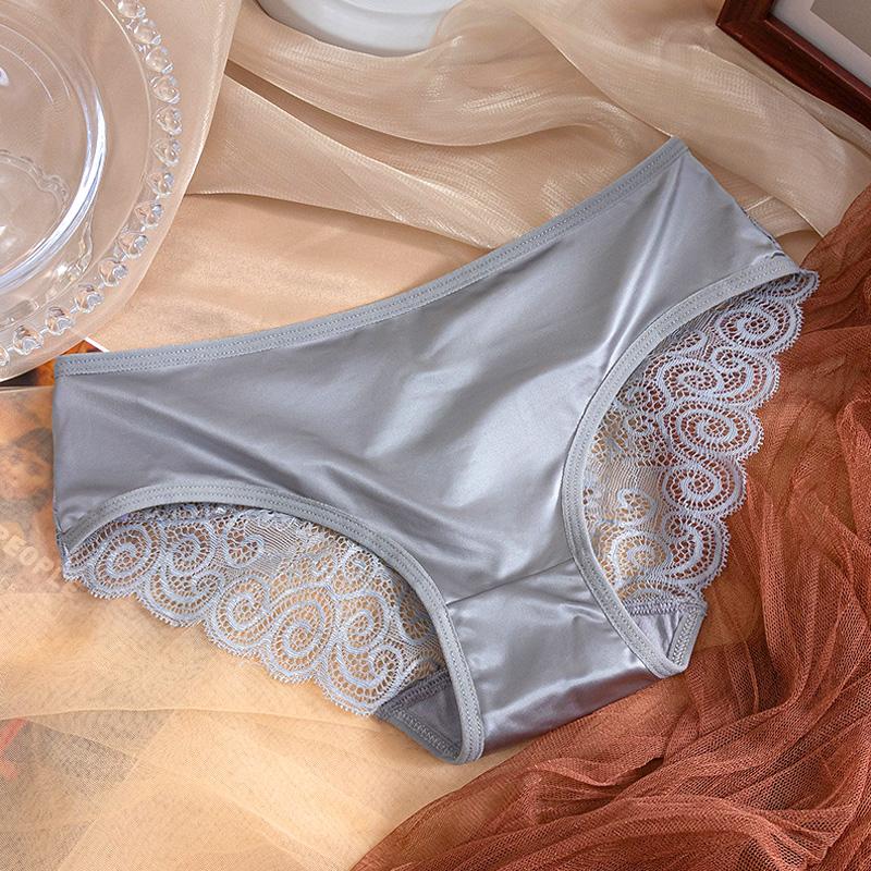 Women Bowknot Mid Waist Satin Panties Solid Color Spaghetti Strap Lace Briefs Hollow Out Seamless