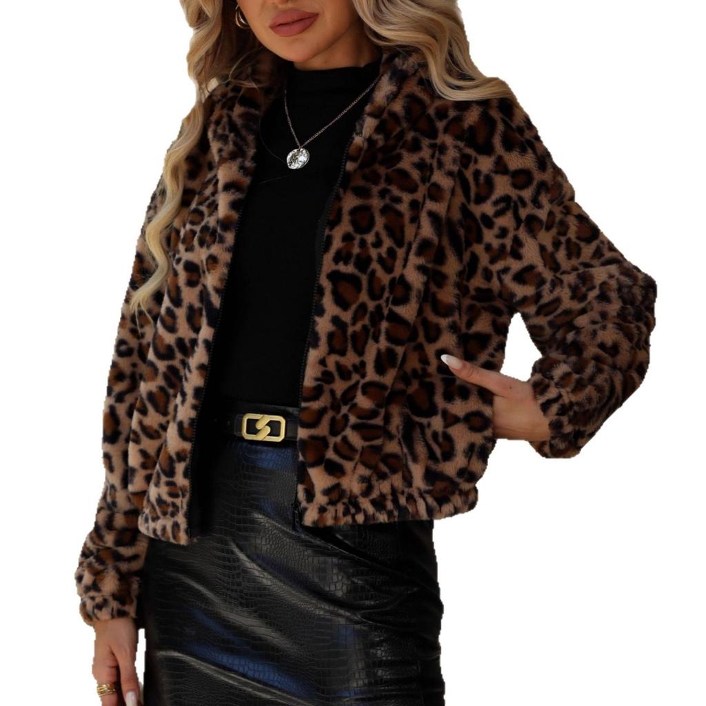 Autumn Winter Women's Leopard Print Fleece Jacket, Loose Long Sleeve Zipper Fluffy Outerwear for Women, EU/US Size