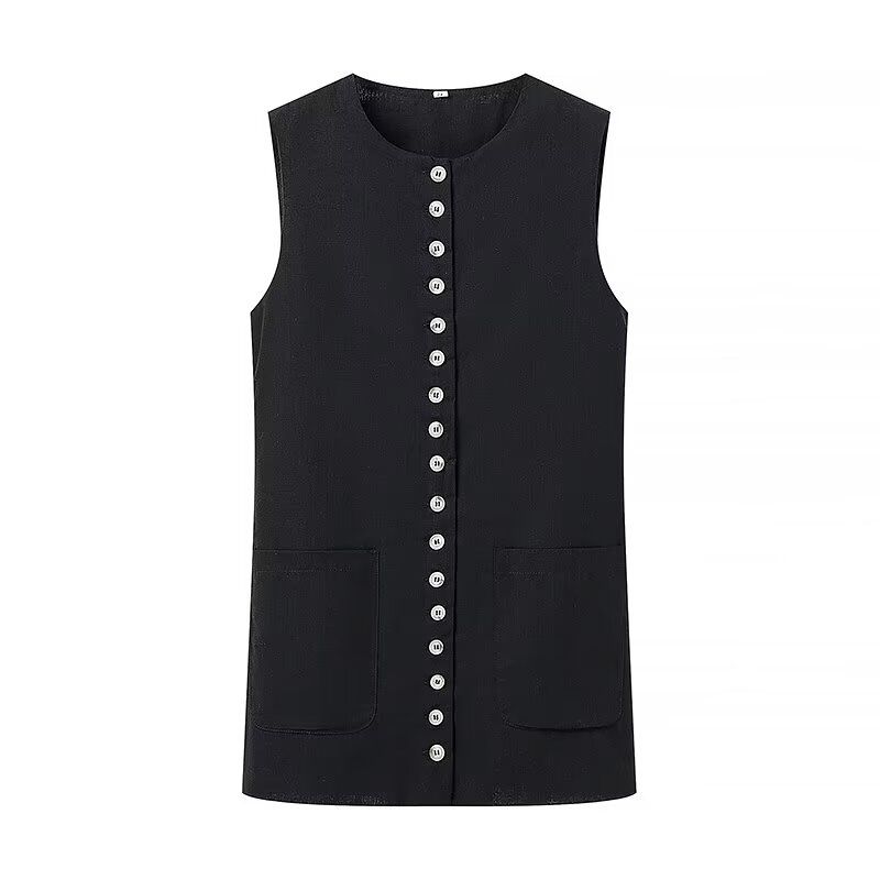 Kaslead New Arrival Women's Clothing Fashion Style Fashion All-Match Button Design round Neck Vest Top