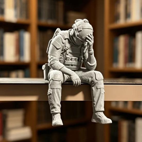 DYS 3D Printed Soldier Figurine Ornament, Sitting Tactical Statue, Funny Tired Sculpture for Table Shelf Edge Decor